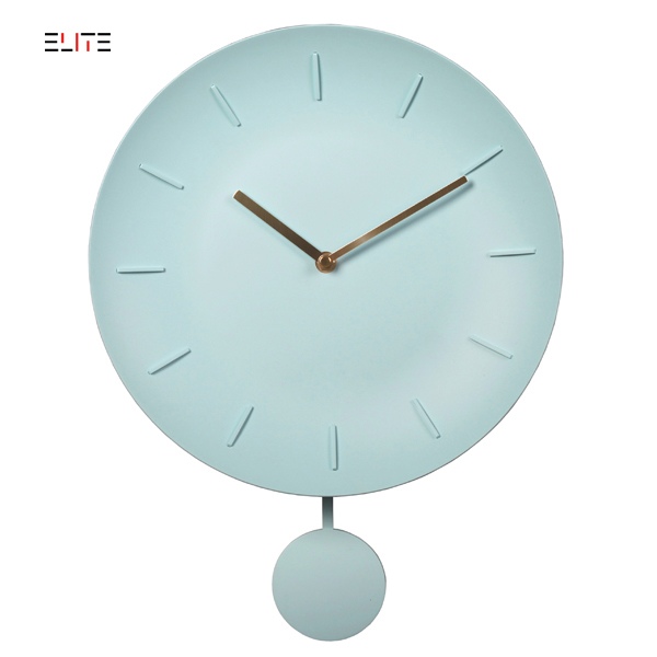 Modern plastic wall clock with case in streamlined profile and pendulum