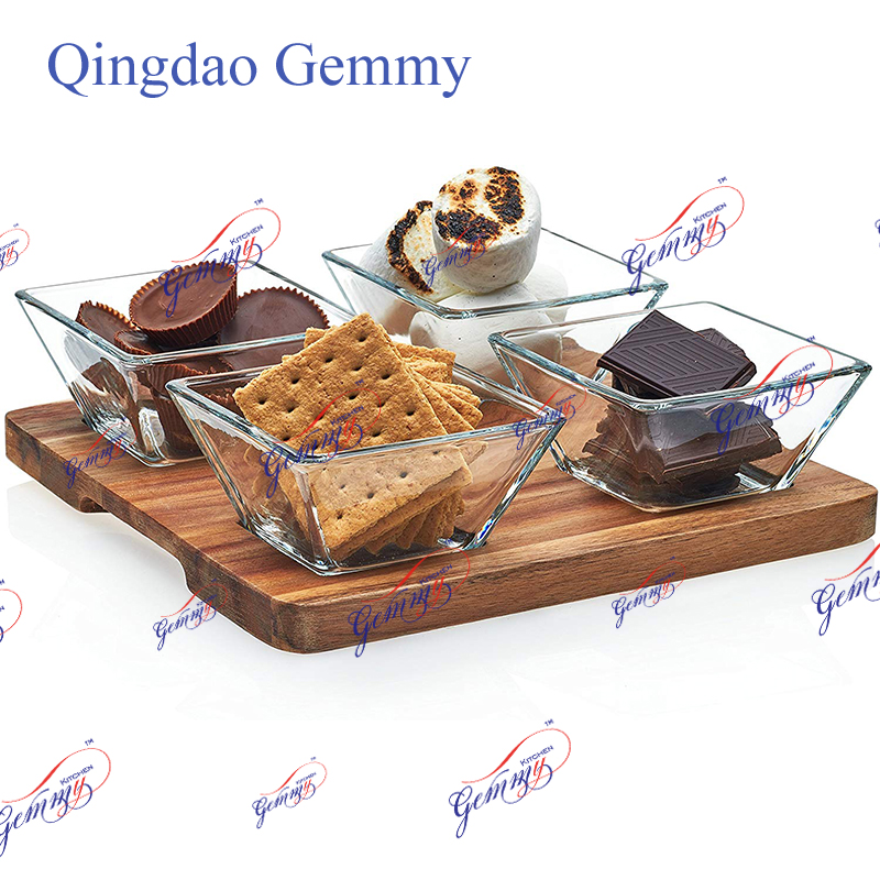 glass serving set; glass condiment dish set