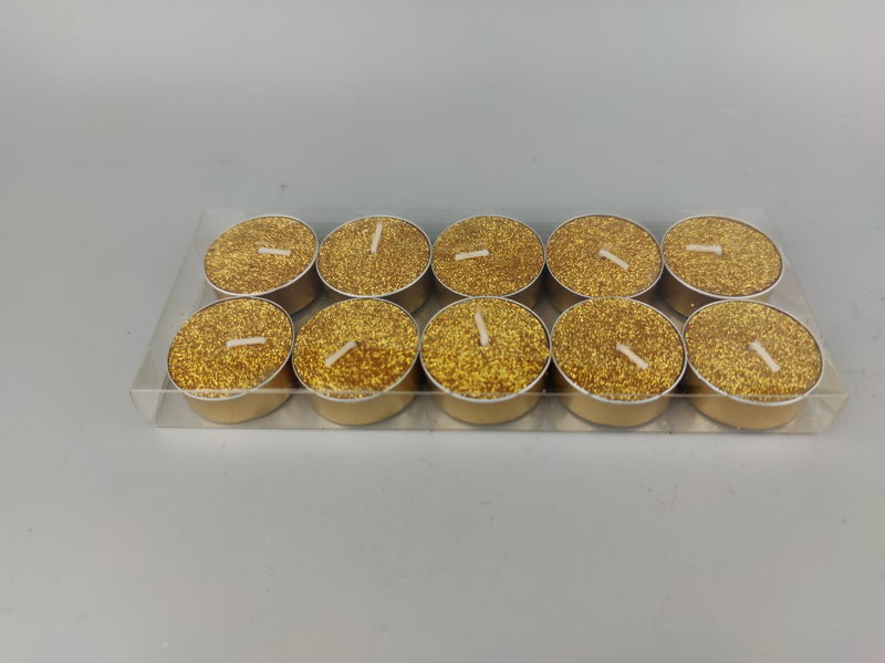 S/10 white tealights in aluminium cup with glitters