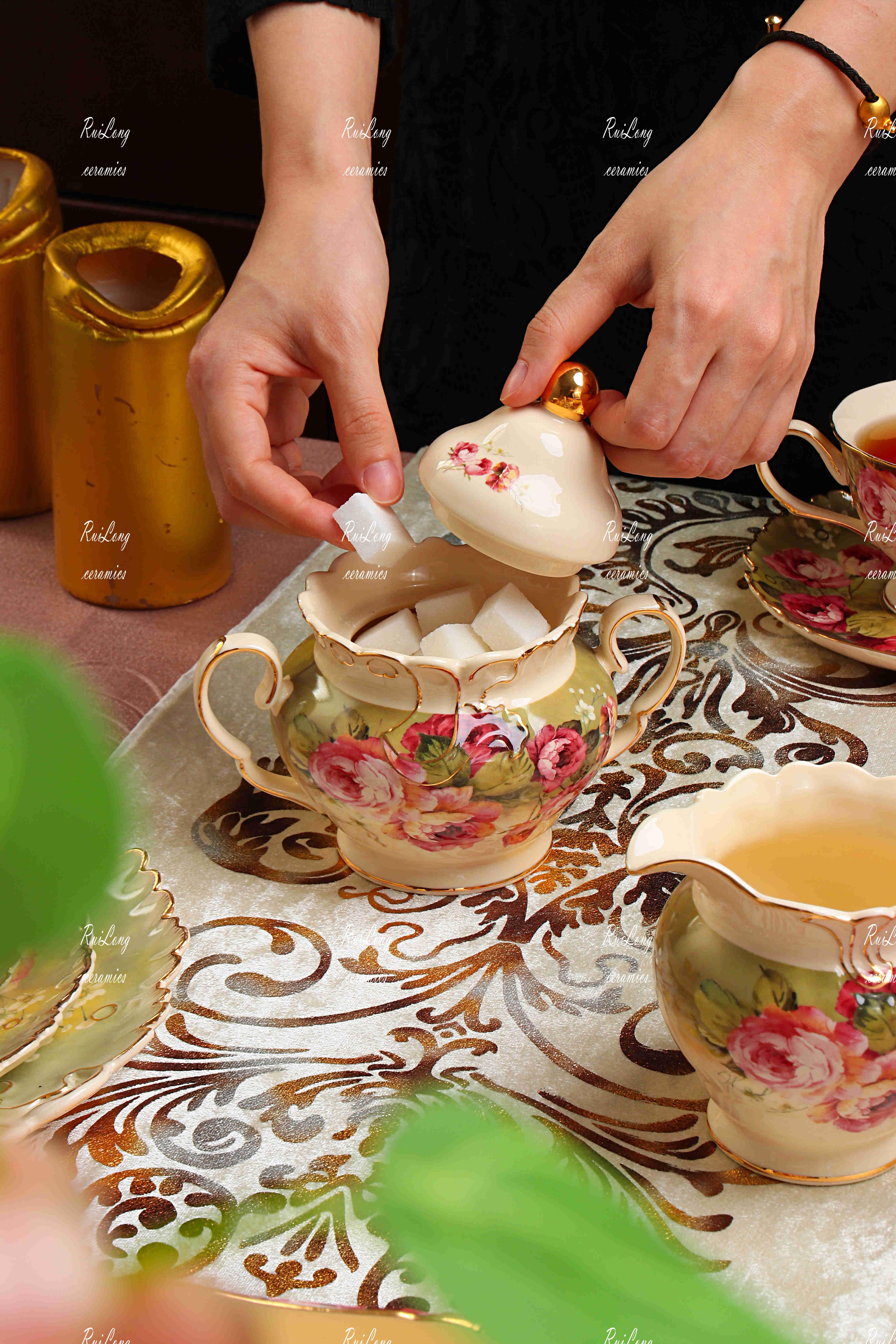 European Vintage Luxury Style peony pattern Ceramic Coffee Cup Tea Set