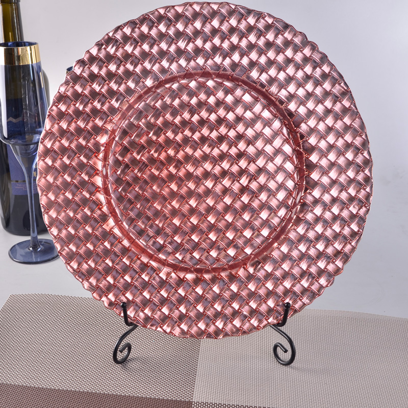 Rose gold glass charger plates, kitchen cold food plates, decorated glass charger plates