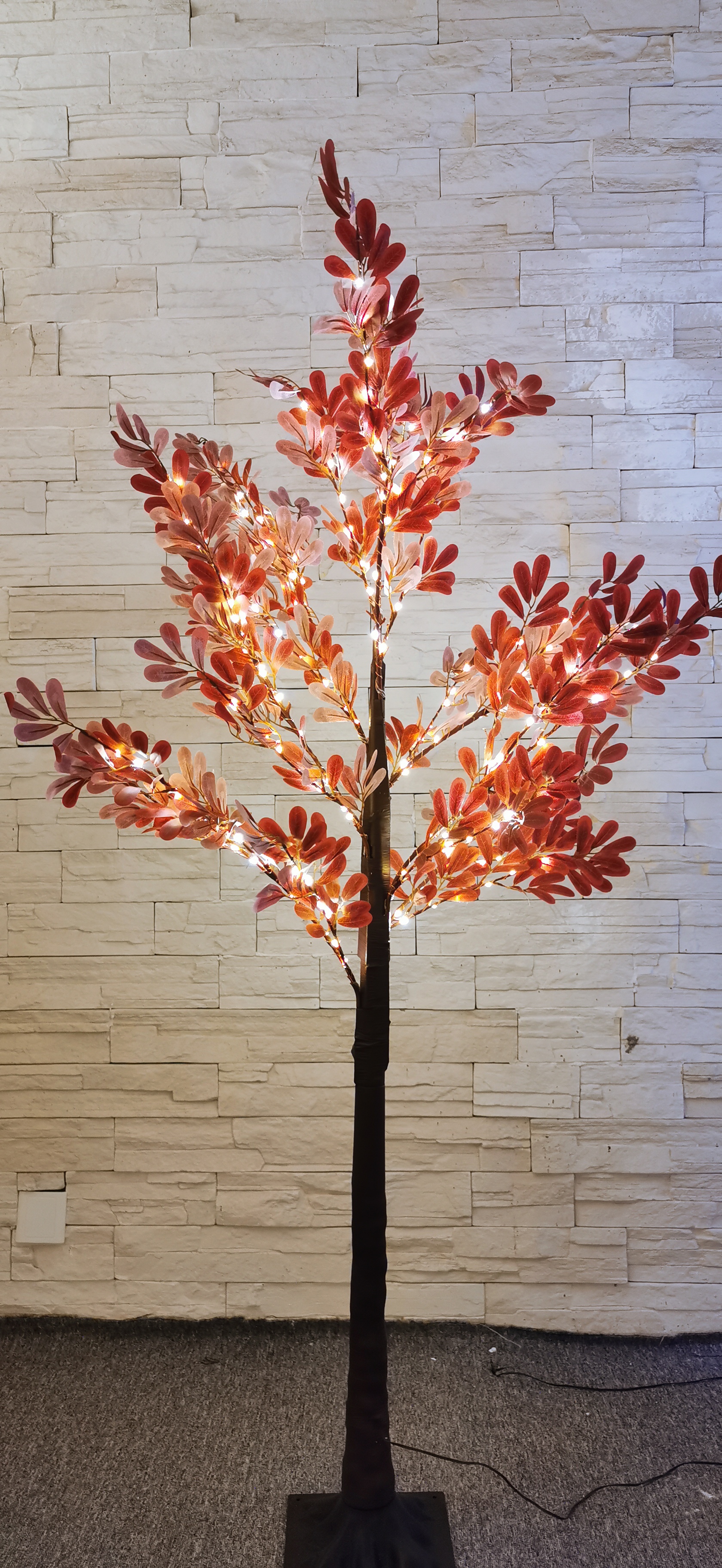 4.5V200L Micro LED Tree Lights with red leaf,brown branch,warm white bulb color,height 1.8m.