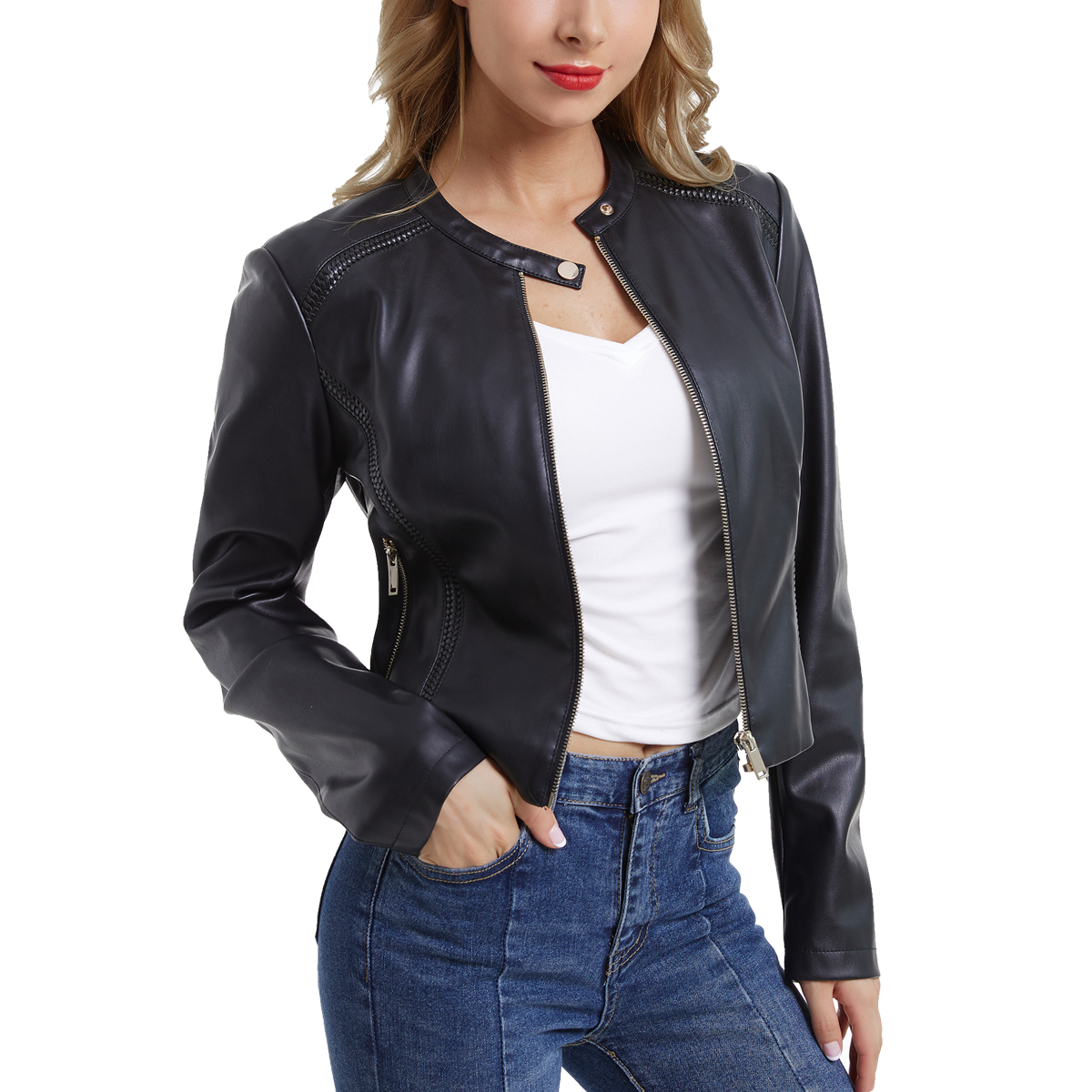 Women's Faux Leather Jacket, Zip Up Moto Biker Coat, Short PU Motorcycle OutwearR19-041