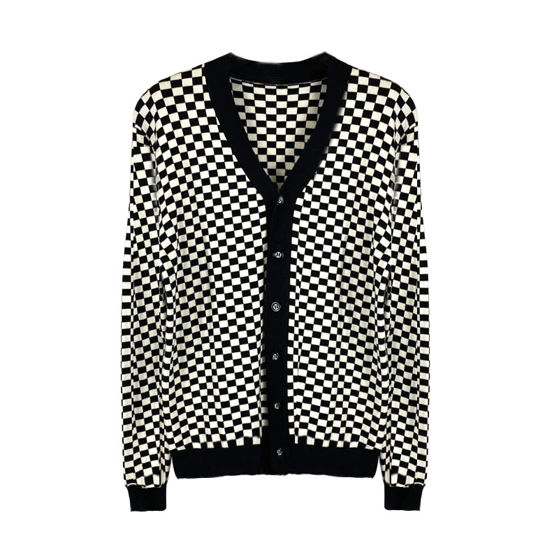 Men's Casual checkerboard pattern Knitted V-neck Cardigans Sweater
