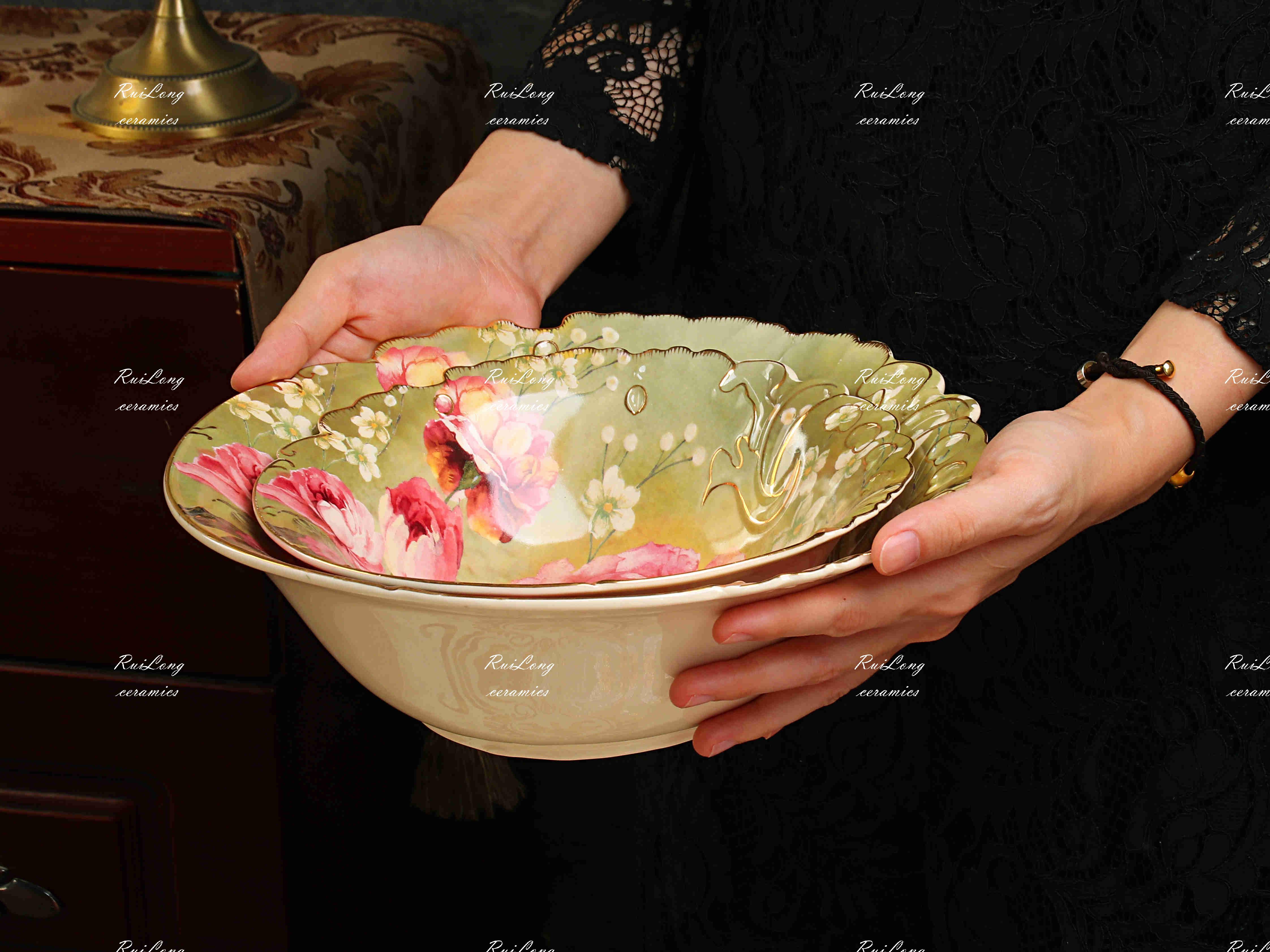 Latest Design Custom Restaurant Porcelain Full Peony Ceramic Fruit Salad Rice Noodle Bowl