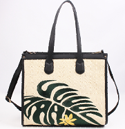 Leaf Embroidery Raffia Tote Lady Bag