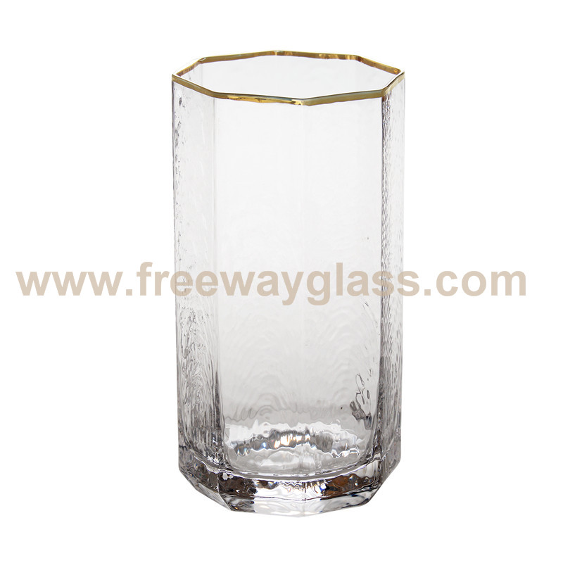 Muti facet High ball glass with gold rim and harmer design