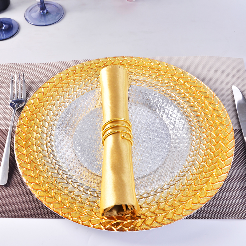 Gradient gold wheat grain pattern glass plate, gift, 13 inch glass charger plate