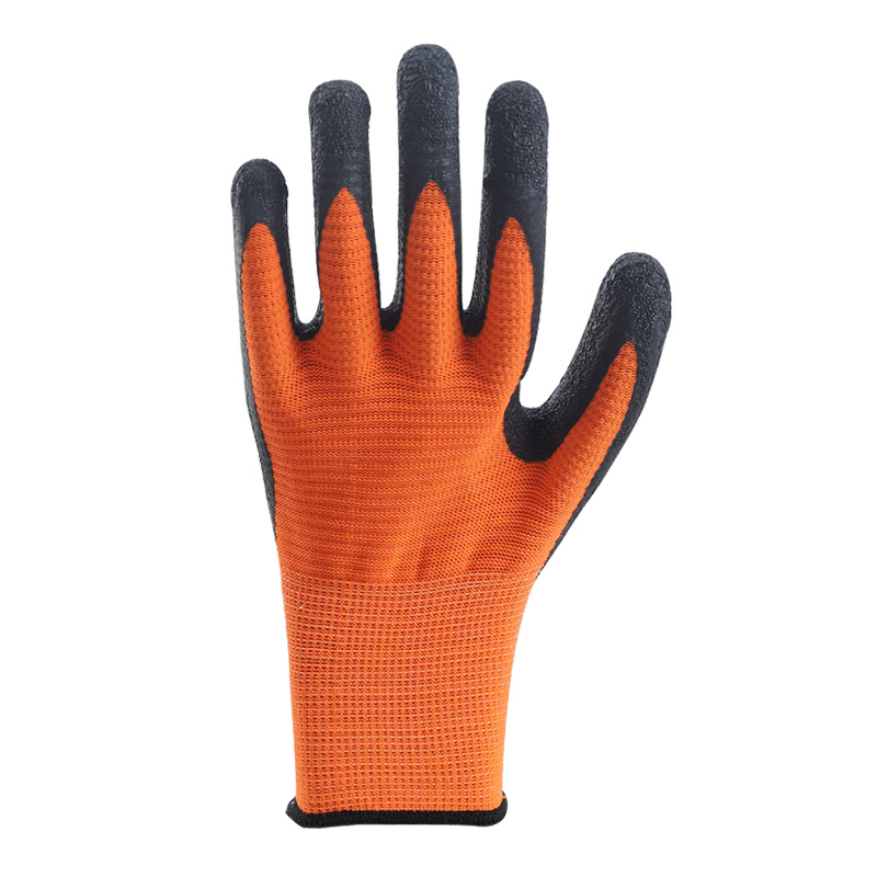 13 gauge orange angular polyester liner with black nitrile palm coating glove