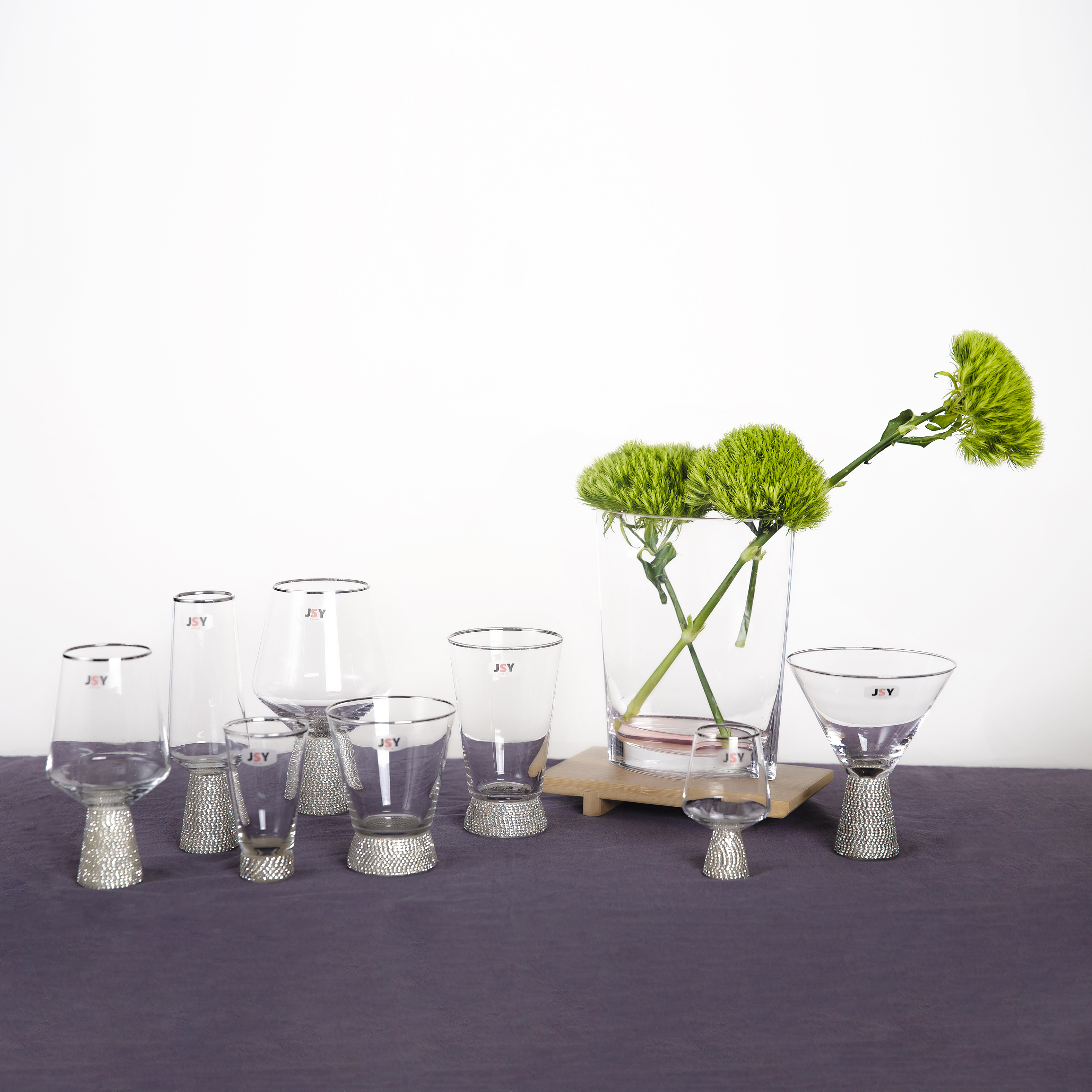 glassware set ,red wine glass, silver bottom with diamond