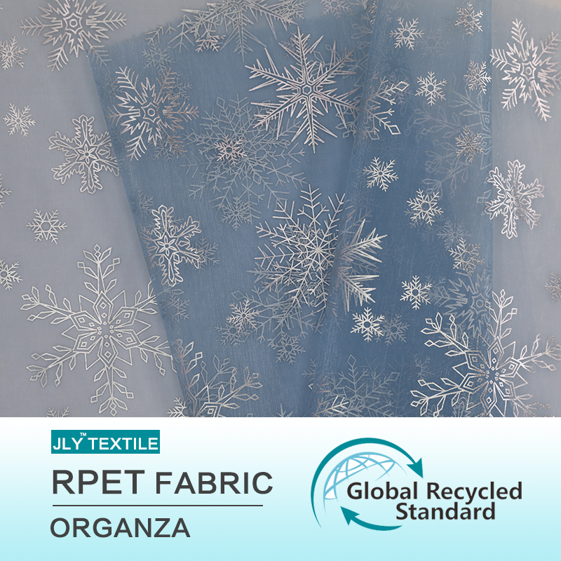 JLY Organza RPET Fabric, Snowflake Pattern Print Blue For Wedding Party Gift Decorations