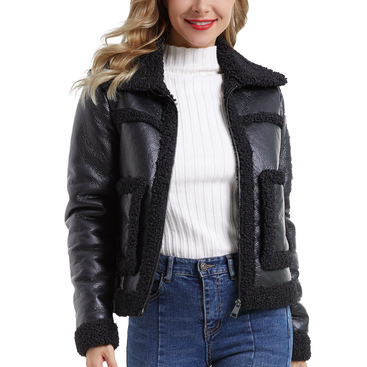 Women's Faux Leather Jacket, Zip Up Moto Biker Coat, faux fur Short PU Motorcycle Outwear R19-286