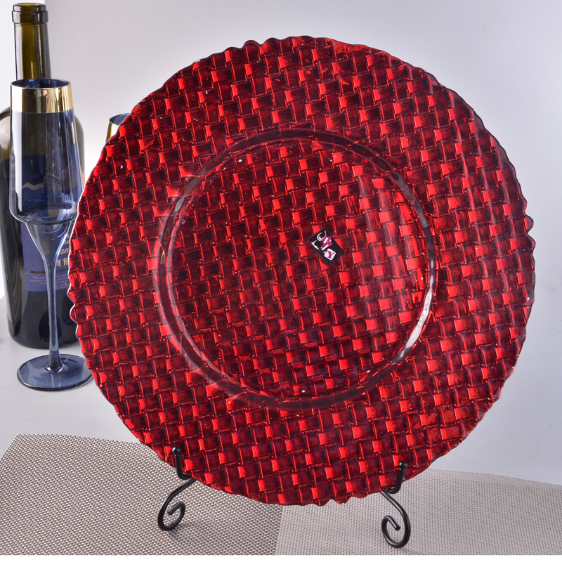 Red glass charger plates, kitchen cold food plates, decorated glass charger plates