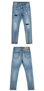 G2001 Light Blue Low Waist Men Pencil Jeans Slim Hip Hop Streetwear Brand Stretch Denim Jeans Casual Pants 4 Seasons Jeans in Whisker Spray Wash Broken and Underpatch wash C