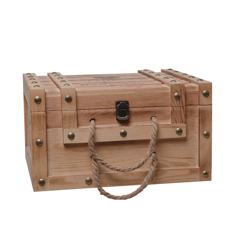 6-bottle Wooden red wine Box with Locking Latch & Rope Handle natural color