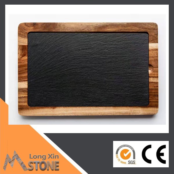 Chinese natural Acacia wood wiht black slate dinner tray set