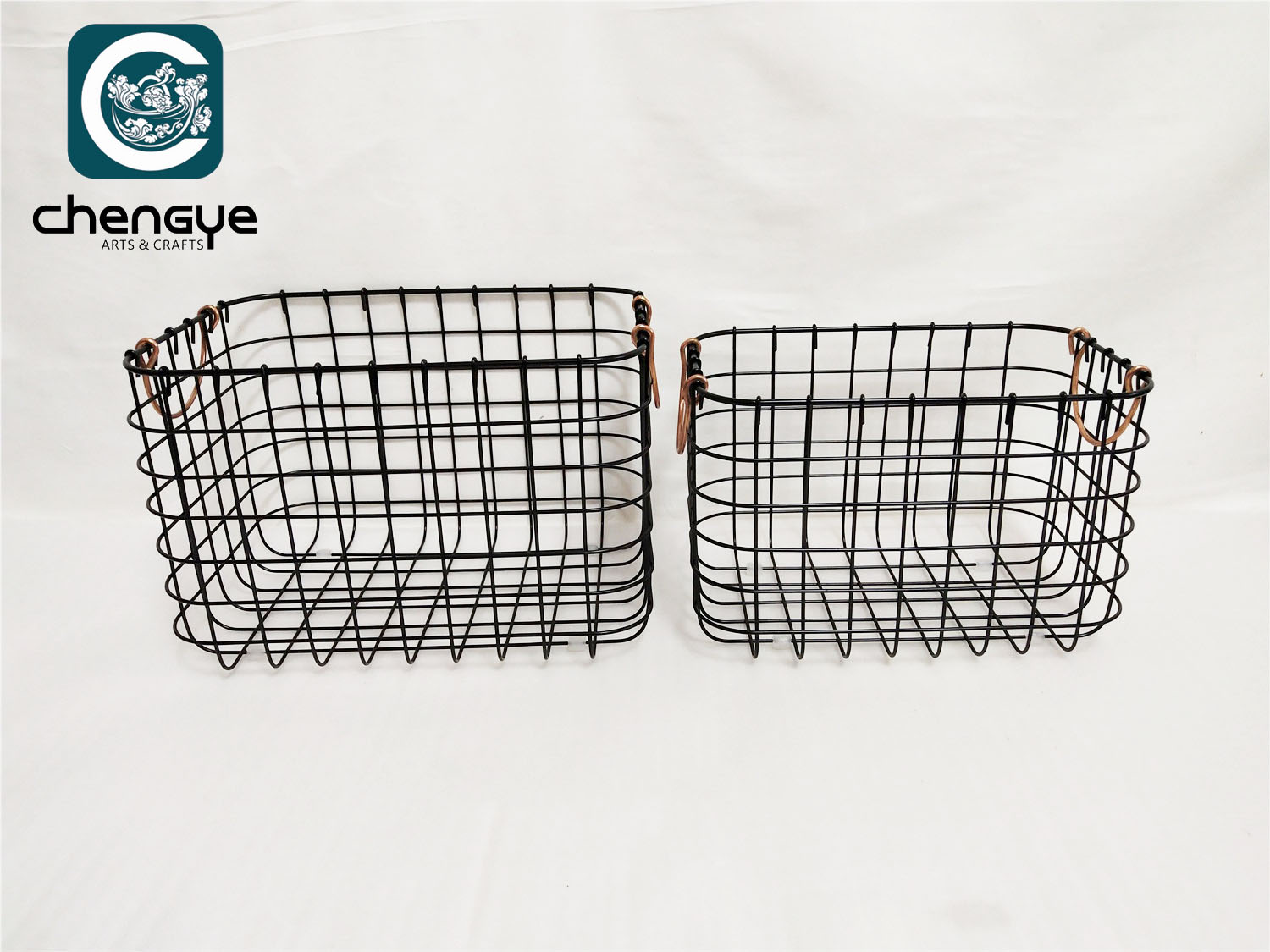 Iron wire storage baskets with copper handles
