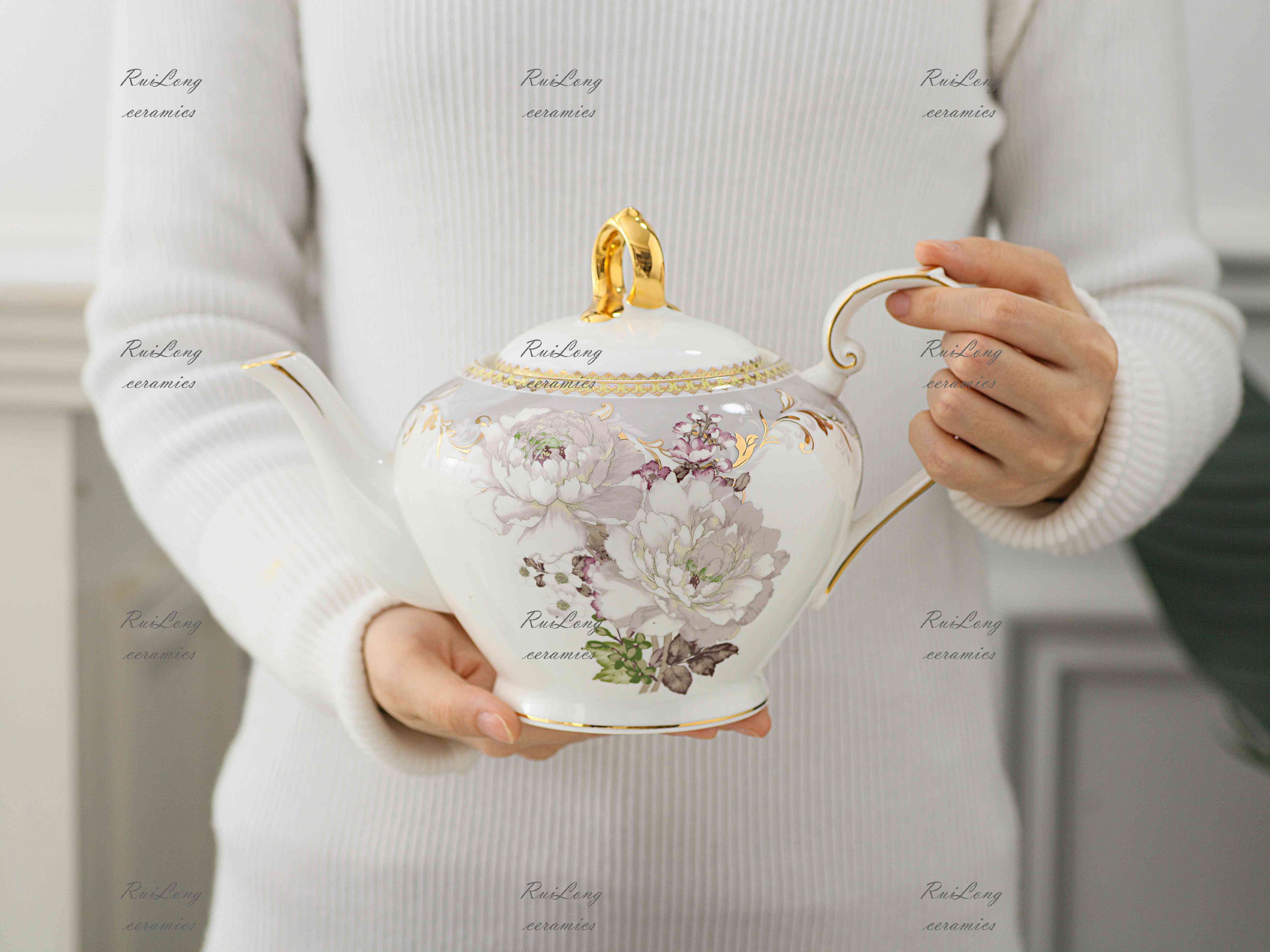 High Temperature Resist Home Dining Room Purple Flowers Printing Porcelain Ceramic Teaset