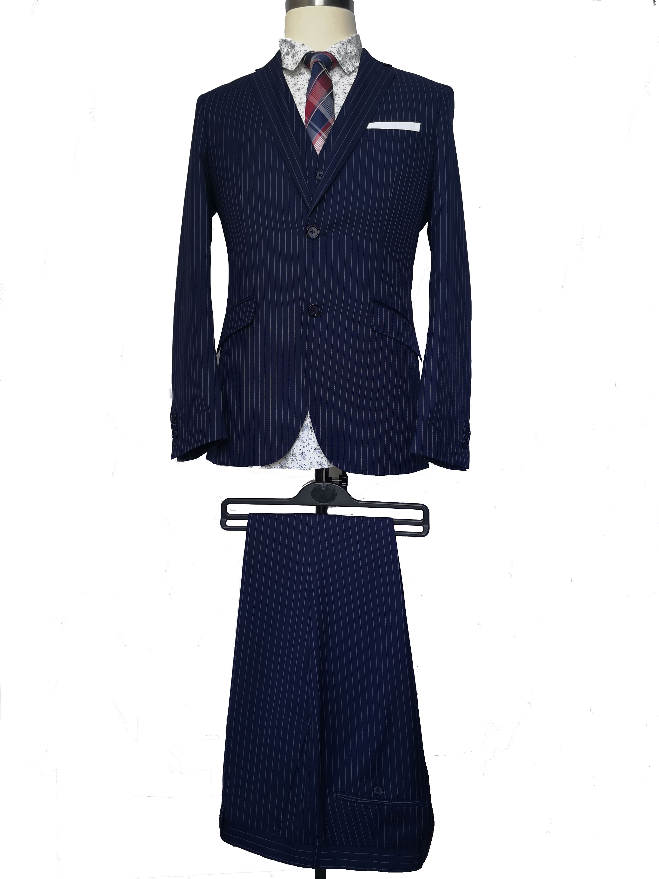 Stripe Navy Slim Fit Men's Wool Suits