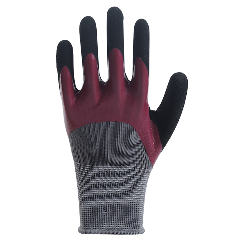 13 gauge grey polyester liner with dark red nitrile half coating with black nitrile sandy finger tip glove