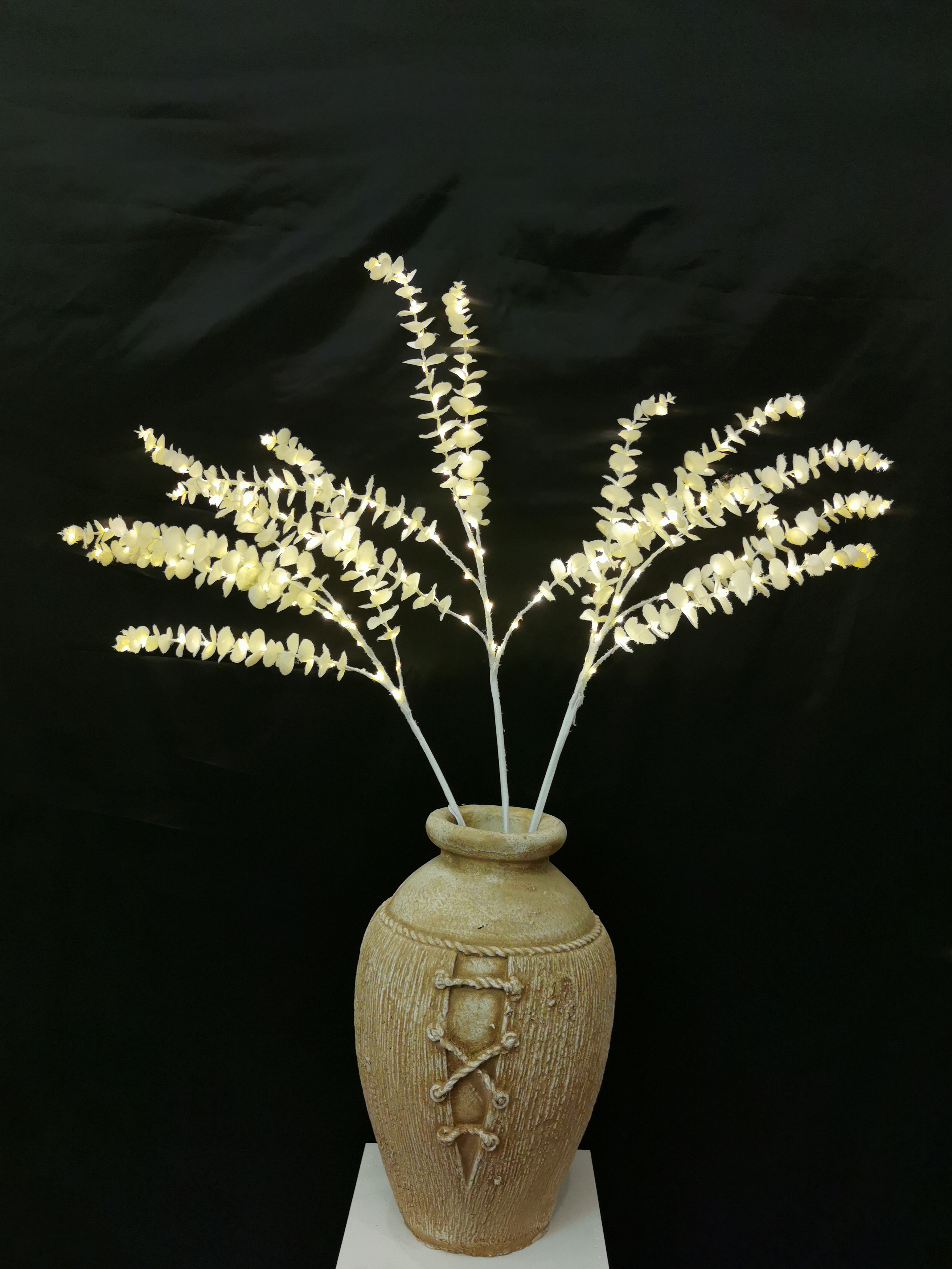 4.5V3x50L Micro LED Branch Tree Lights with white horseshoe celery and snow,white branch,warm white bulb color,height:0.9m.