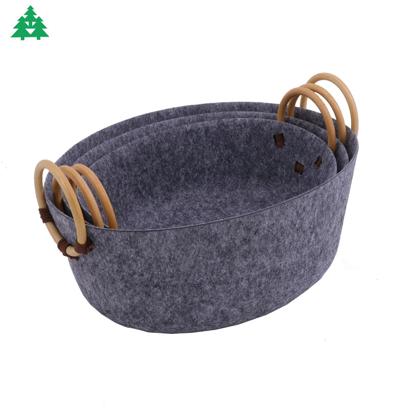 Thermoforming felt basket, felt storage basket, fruit basket,candy basket,office storage basket with rattan handle