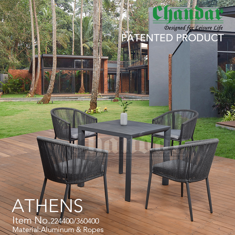 Outdoor furniture Athens Dining Set with Rope Aluminium Garden set Stackable Dining Chair and Table