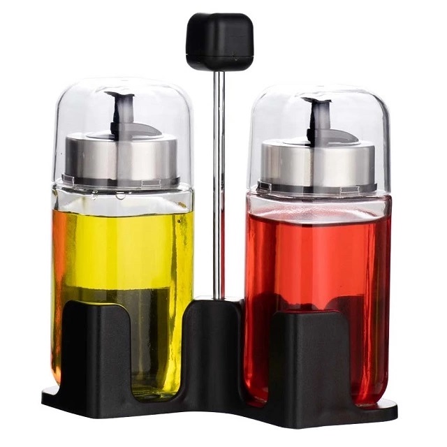 Elegant Oil and Vinegar Bottle Set with Holder, 2 pcs Set Oil Dispenser Cruet with Cover