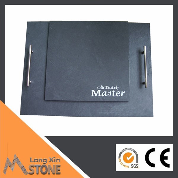 Chinese natural black slate cheese board 40X30 CM with stainless steel handles