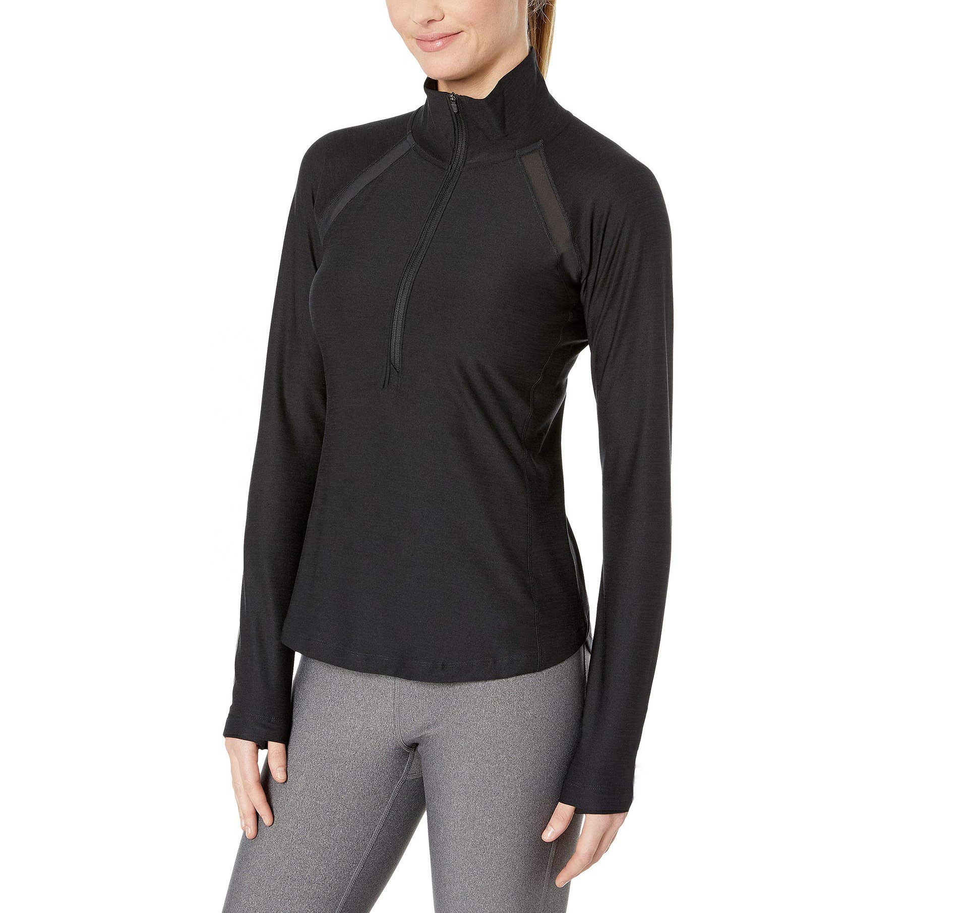 Ladies Sports Long Sleeve Half Zip Training Gym Pullover Jacket With Thumb Hole
