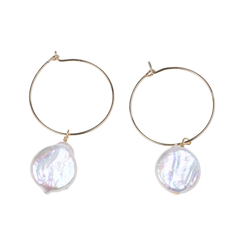 Simple & Dainty Single Cultured Coin Pearl Gold Hoop Earrings,DKL013