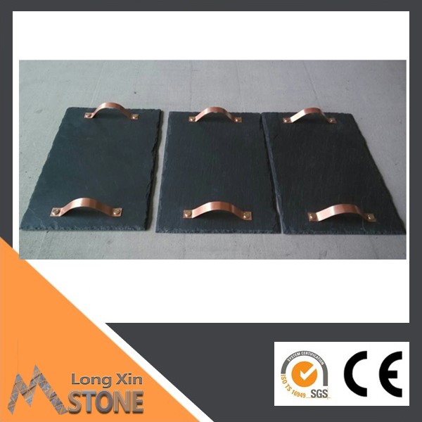 Chinese natural black slate cheese plate 40X30 CM with copper handles