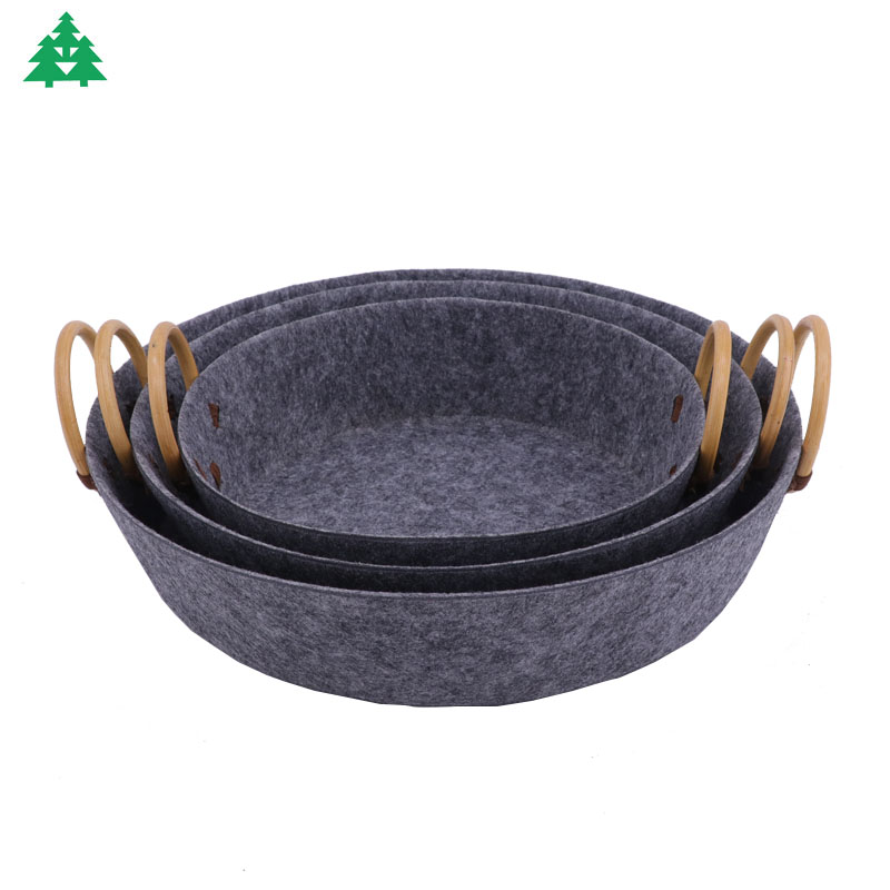 Thermoforming felt basket, felt storage basket, fruit basket,candy basket,office storage basket with rattan handle