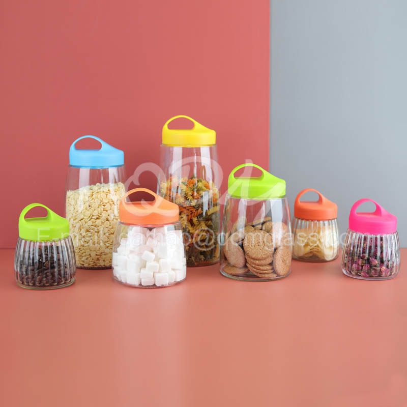 Glass storage canister with plastic handle lid