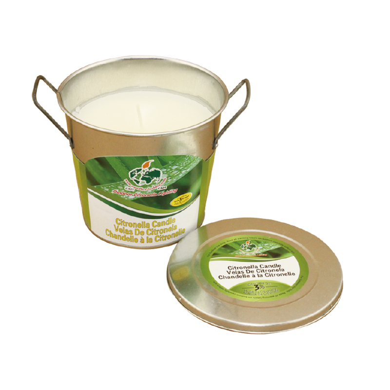 Citronella candle in metal bucket