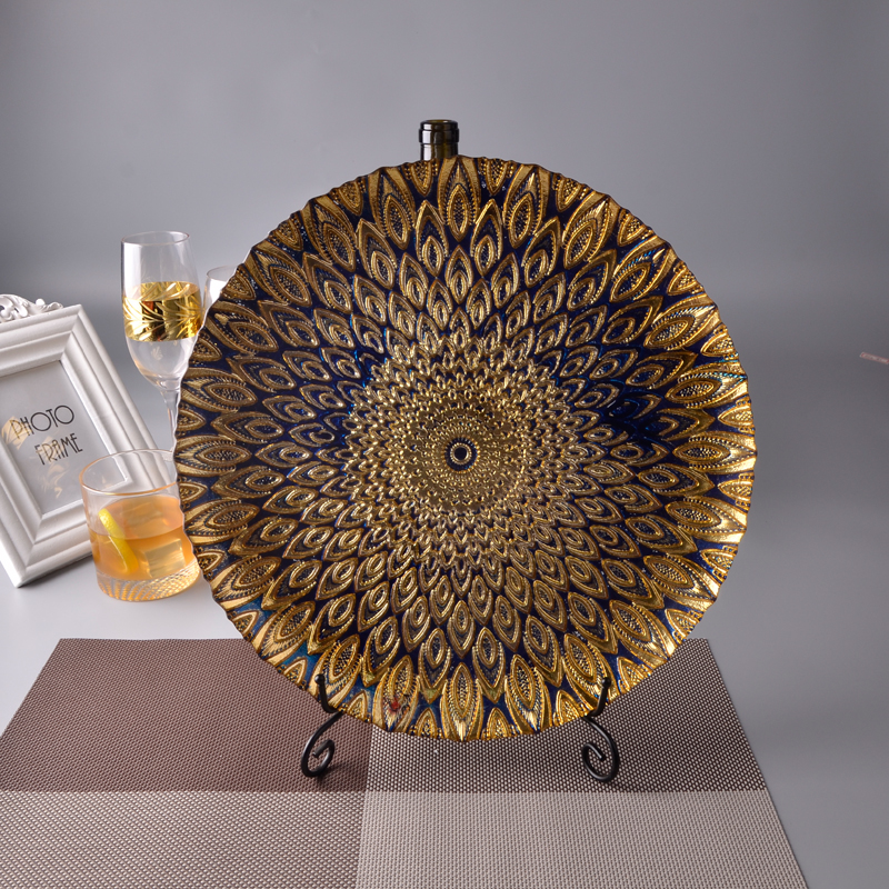 Blue and gold peacock pattern glass charger plate, large diameter cake stand