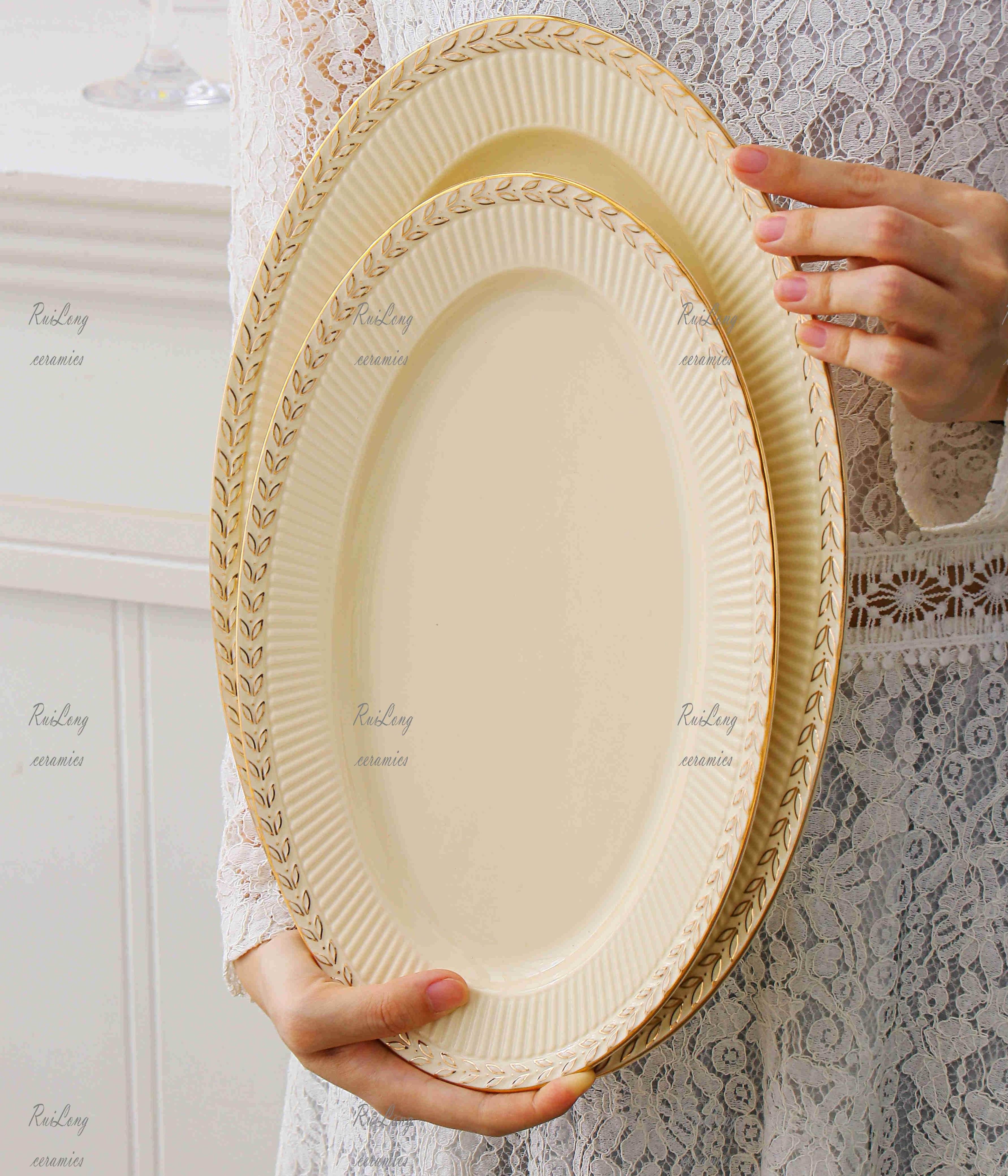Nordic Style Oval Shape Golden leaf Ceramic Dinner Dish Plate