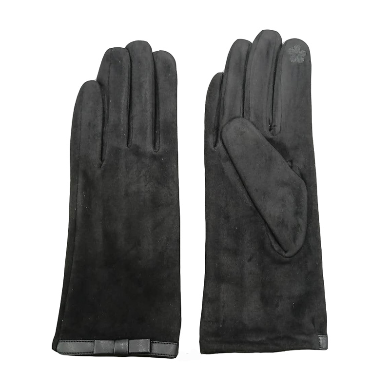 Ladies fashion faux suede gloves with pu bow