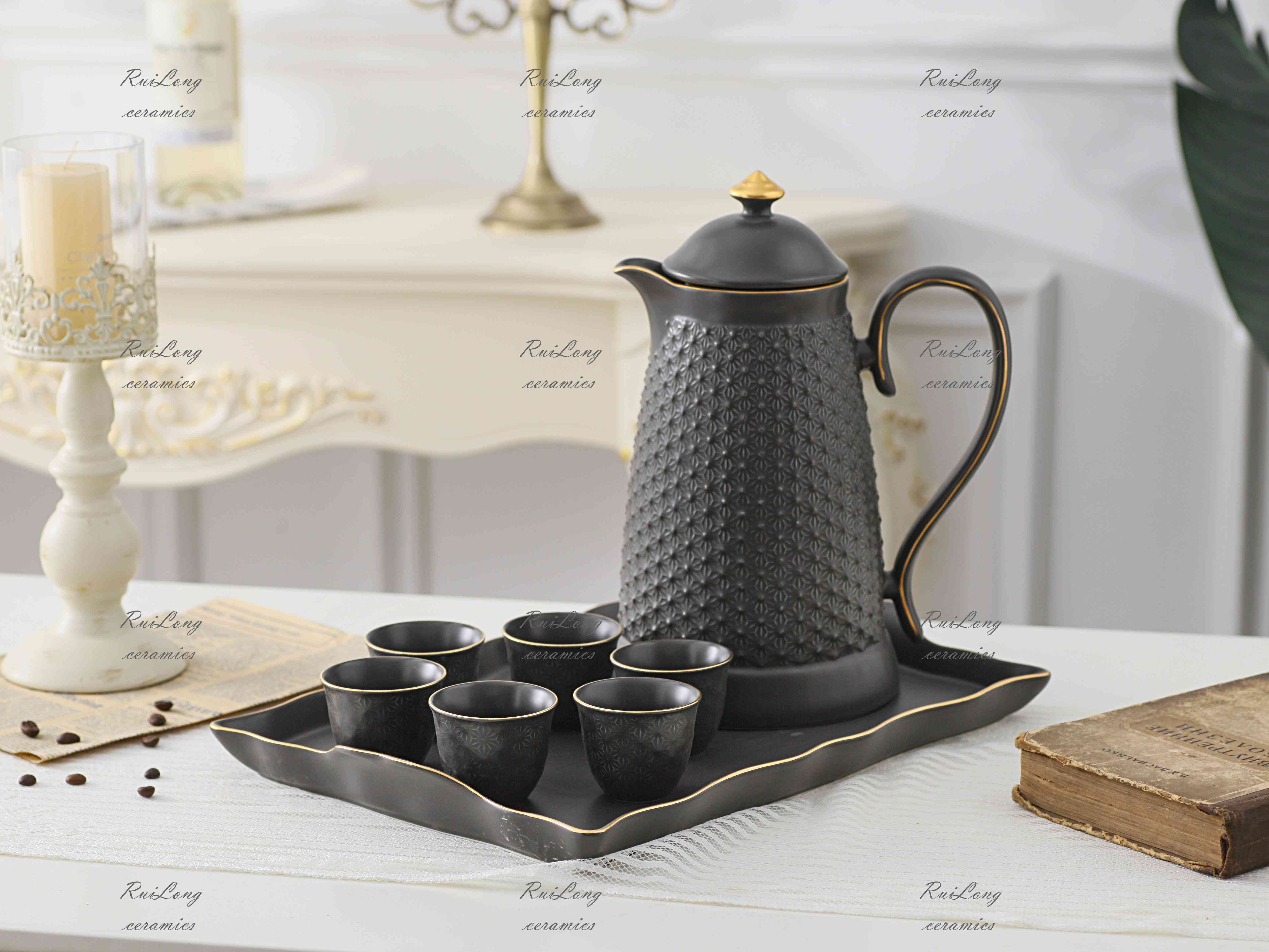 New Design European Style Personalized Black Ceramic Water Jug Set