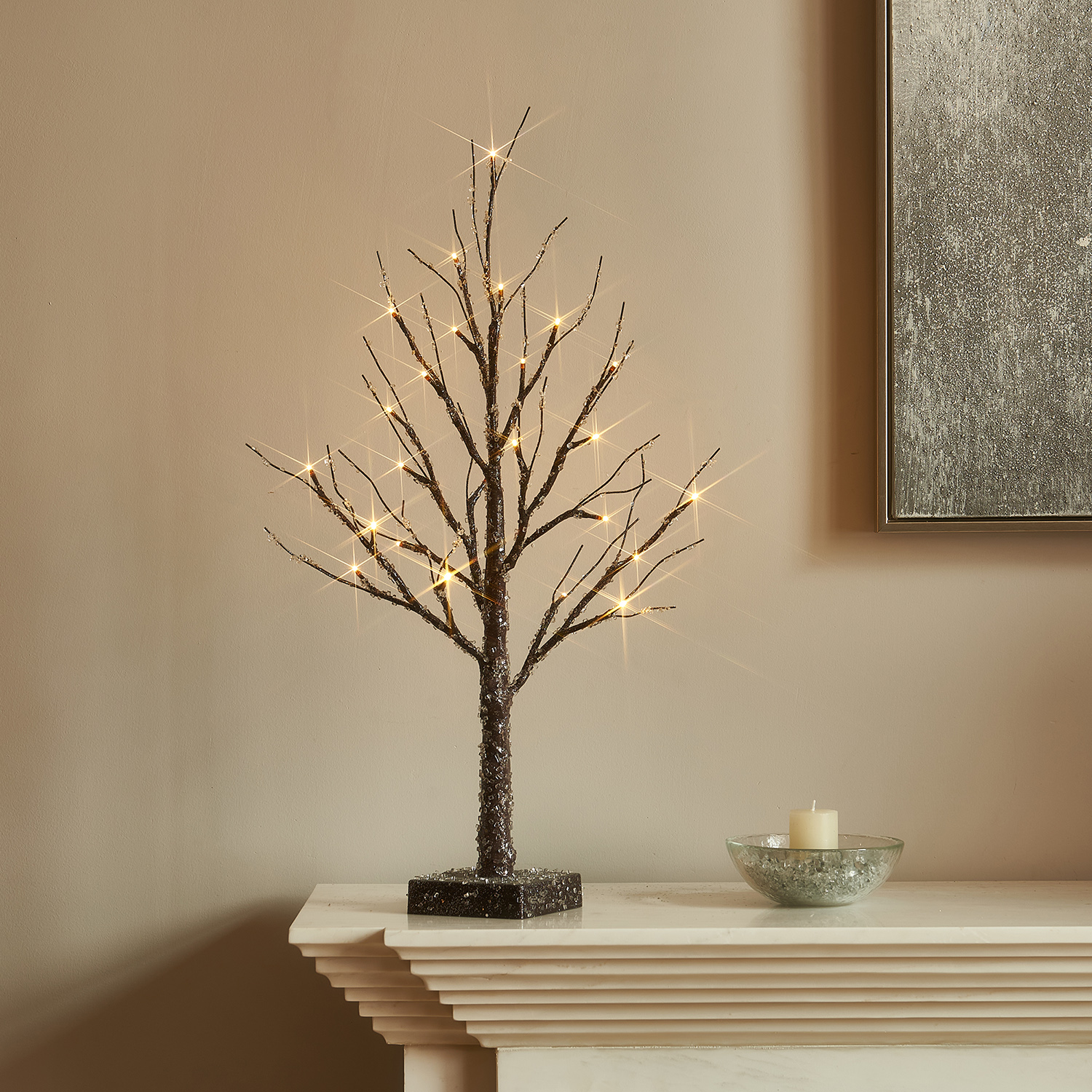 Lighted Brown Tabletop Twig Tree with Icy Glitter