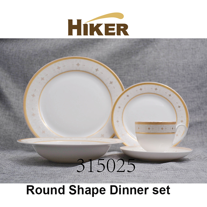 24pcs New Bone China Round Shape Dinner Set Embossed Decal With With Gold
