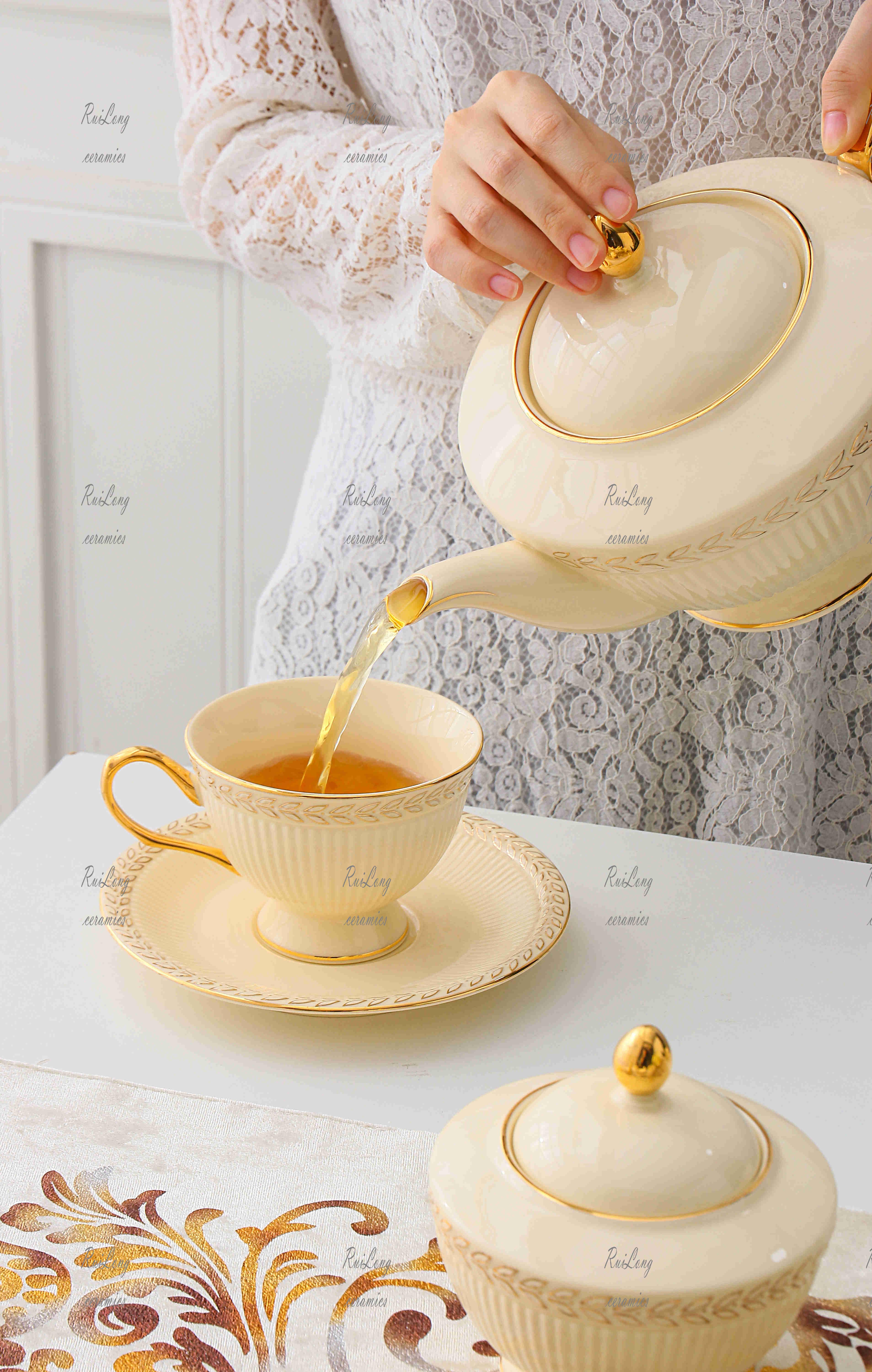 European Bone China Luxury Home Afternoon Tea Golden Leaf Ceramic Teaset