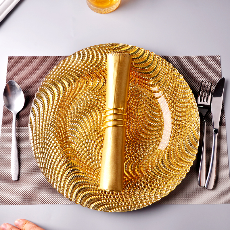 Gold leaf patterned glass charger plate, party buffet charger plate