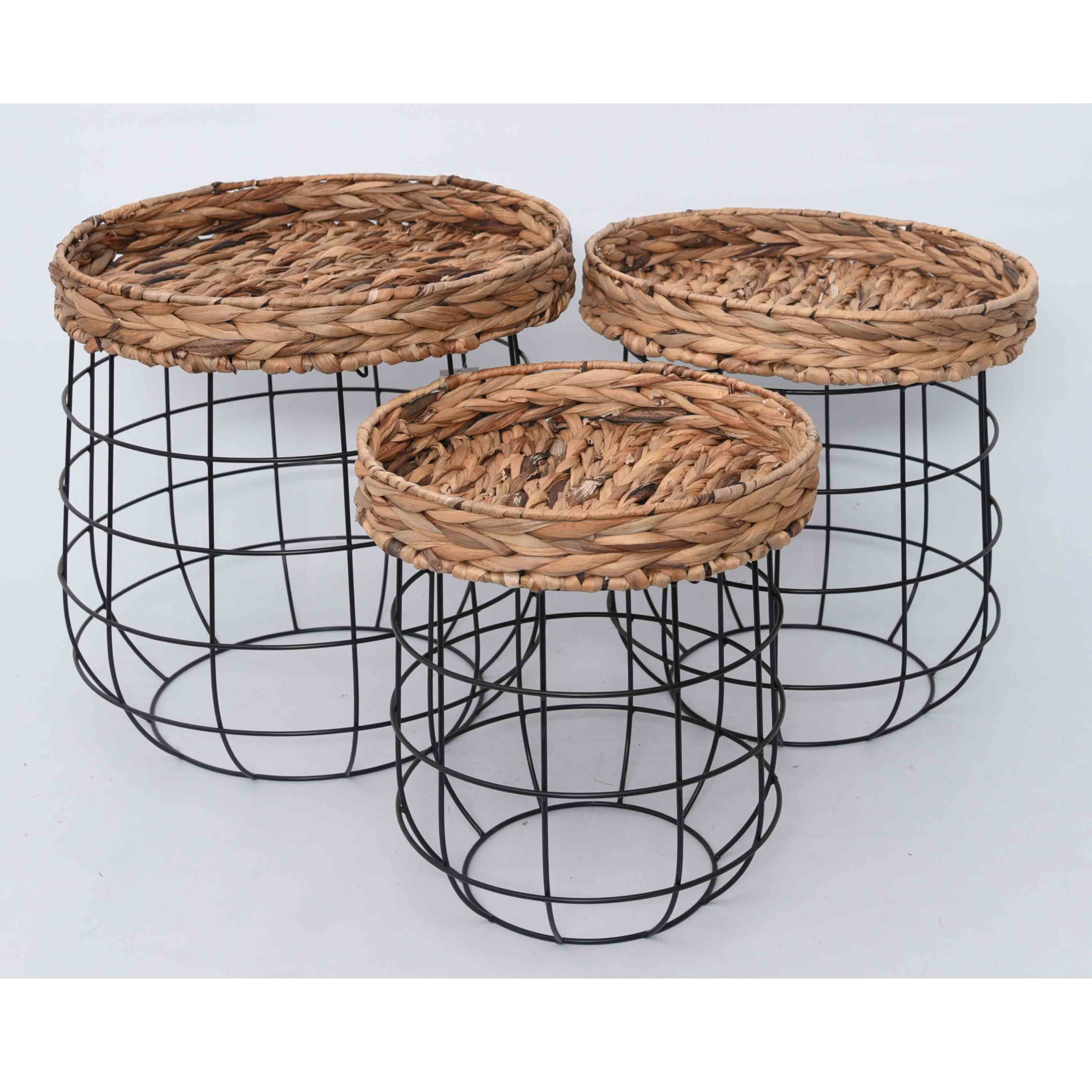 3 Pack Round End Table Water Hyacinth top Coffee table Bed Side Table with Wrought Iron Support for Living Room Bedroom