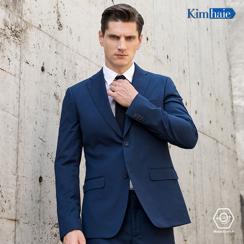 Mens AMF blue single Breasted 2 button notch lapel side vent stretch business suit