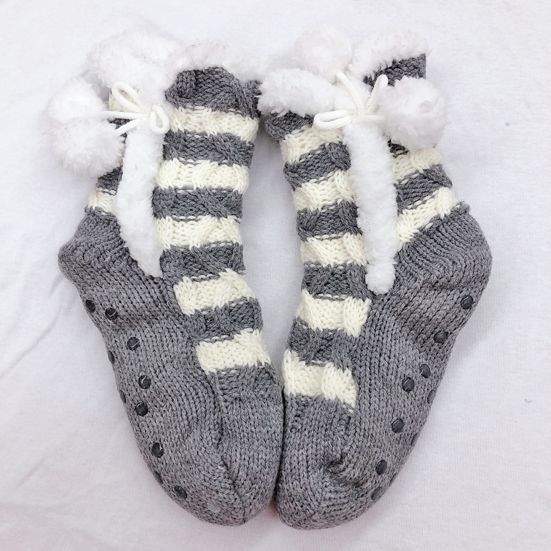 Womens acrylic double layer home socks whith pompom