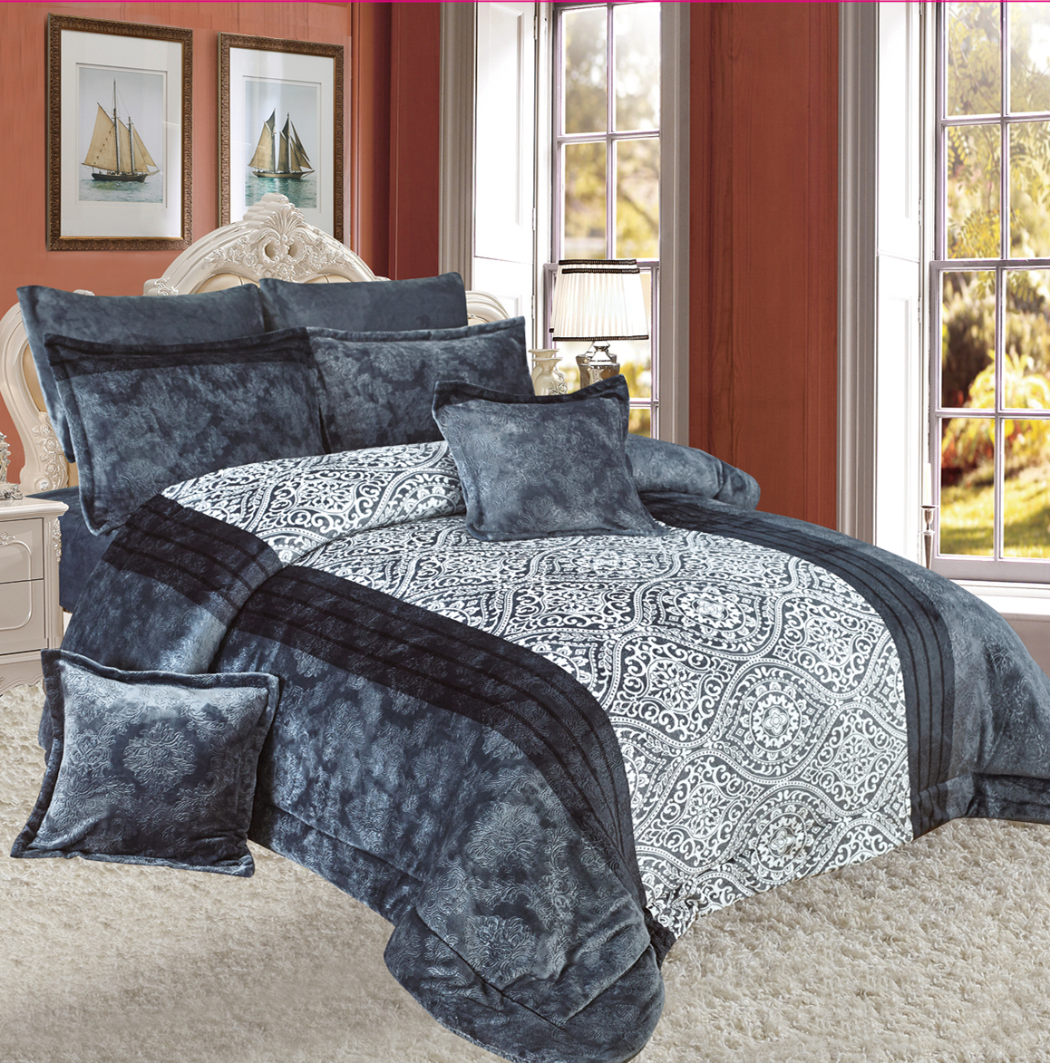 100% polyester print embossed flannel comforter set
