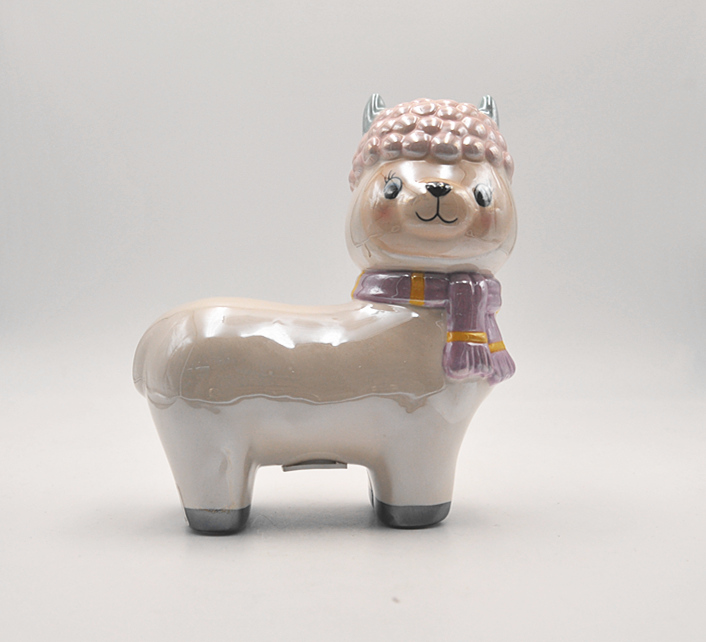 Wholesale price glazed ceramic cute alpaca money boxes for kids gift