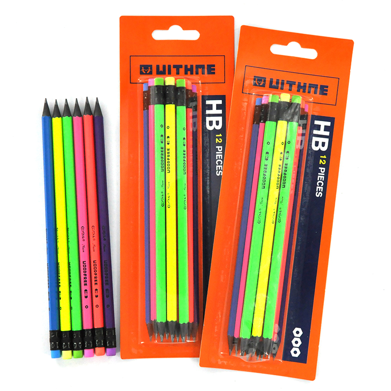 Pencils, Blister Pack pencils, Black Plastic pencils, Neon Color Body and Eraser pencils