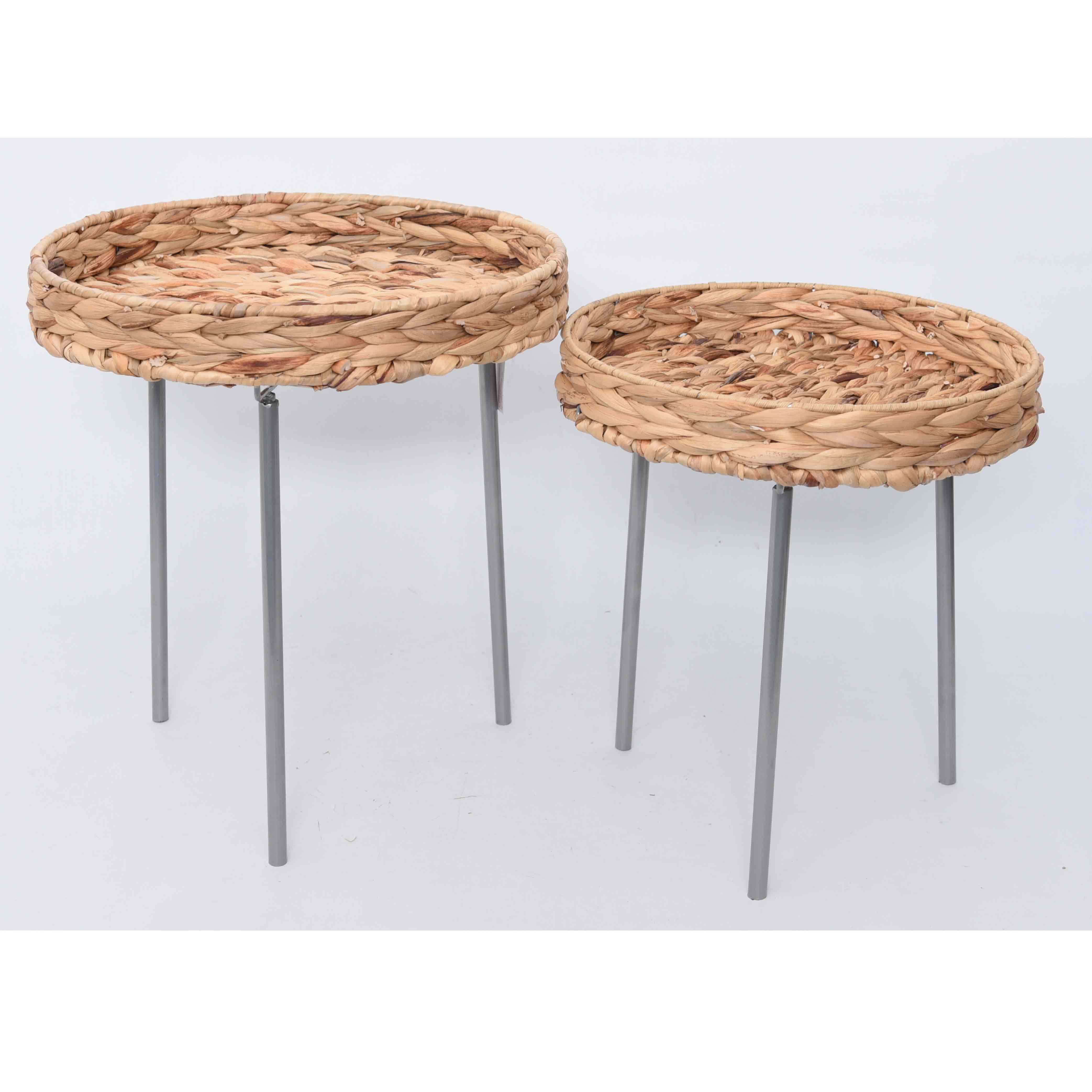 2 Pack Round End Table Water Hyacinth top Coffee table Bed Side Table with Wrought Iron Support for Living Room Bedroom